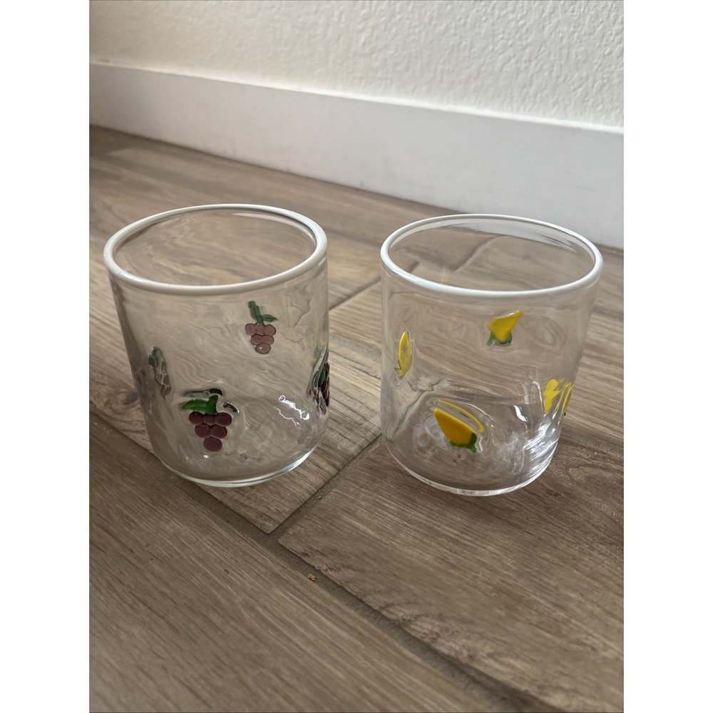 Anthropologie Icon Juice Glasses Set of 2 Corn and Grapes 17oz Clear Glass